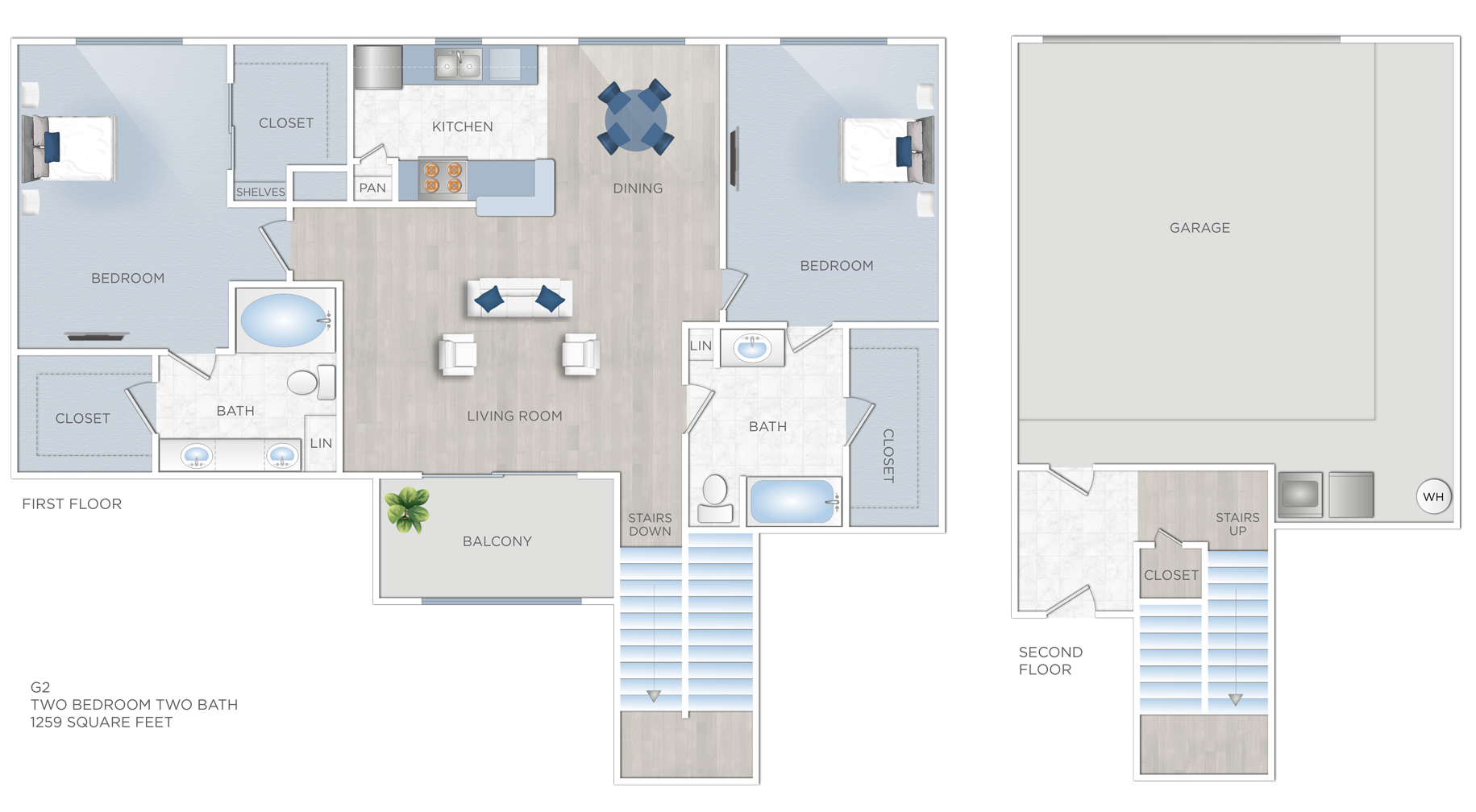 Floor plan for 2 beds, 2 baths, 1259 sqft